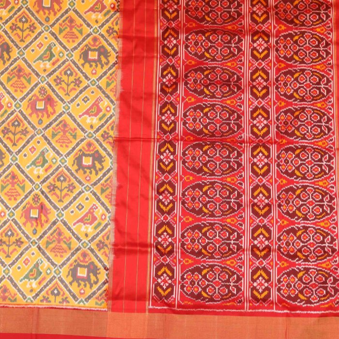 Red & Mustard Yellow Pochampally Saree - Image 2