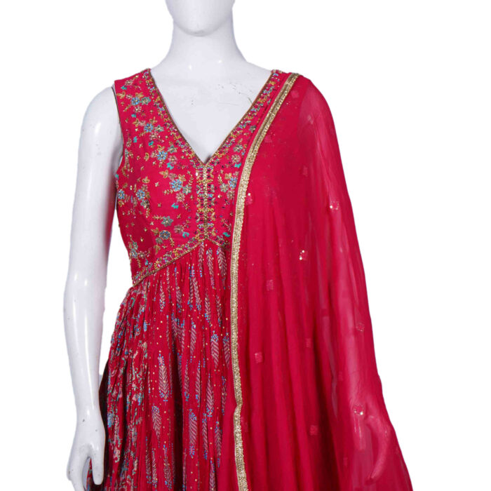 Cherry Red Stone Work Bridal Frock - Image 2