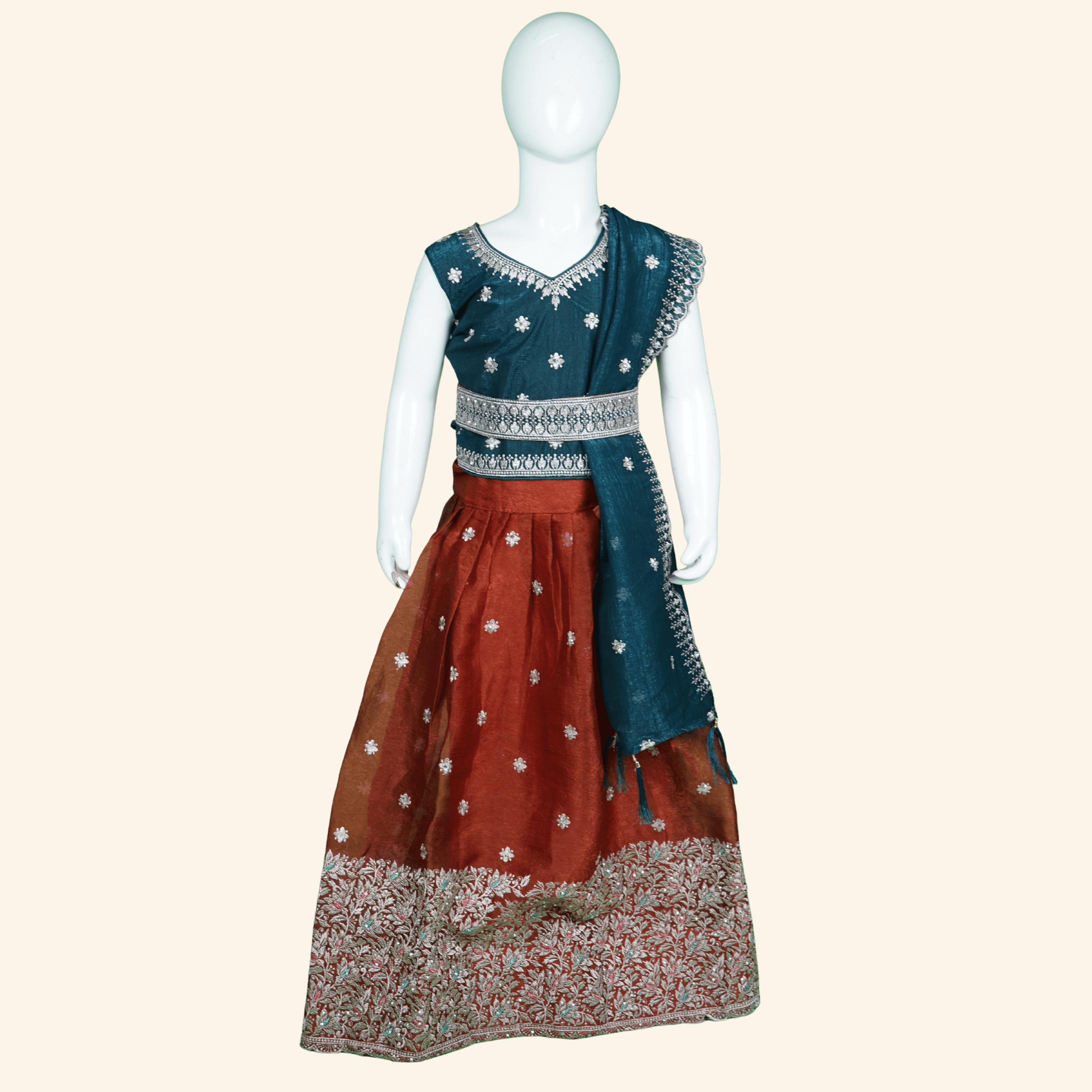 1 Girls Dark Teal and Rust Lehenga Set - Image 1