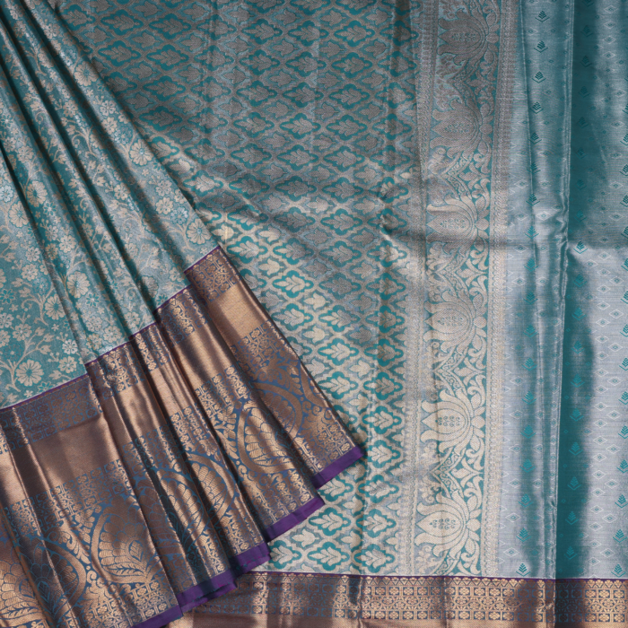 Teal Blue Kanchipuram Pattu Saree - Image 3