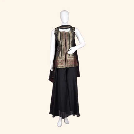 Black & Antique Gold Banarasi Brocade Sleeveless Sharara Set (1)