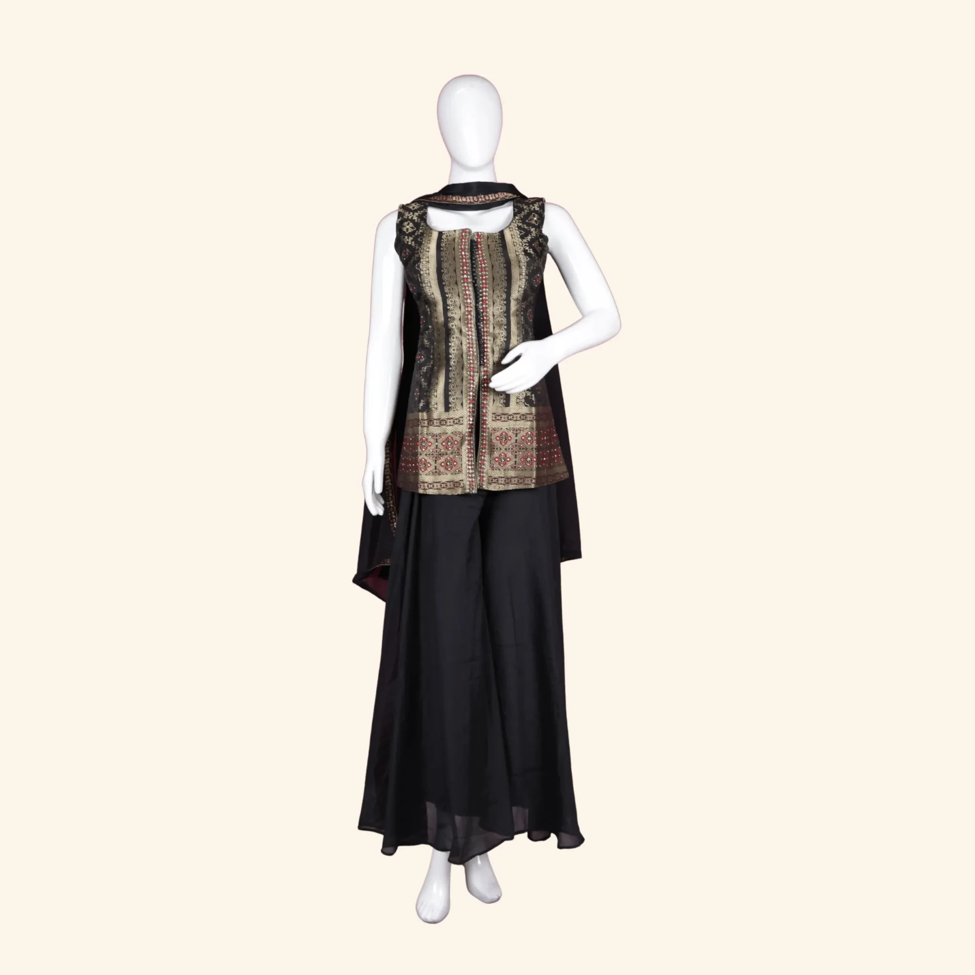 Black & Antique Gold Banarasi Brocade Sleeveless Sharara Set (1) Black & Antique Gold Banarasi Brocade Sleeveless Sharara Set (1)