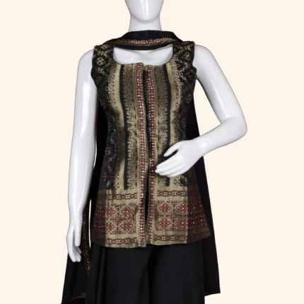 Black & Antique Gold Banarasi Brocade Sleeveless Sharara Set (2)