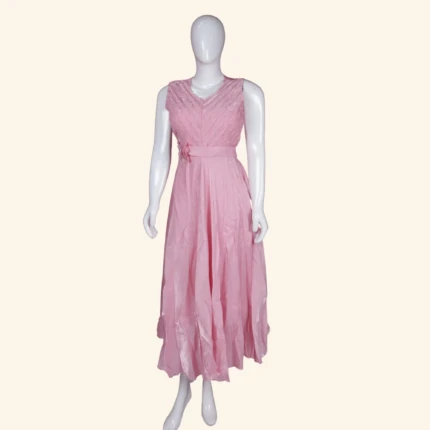 Coral Pink Floral Applique Long Frock (1)