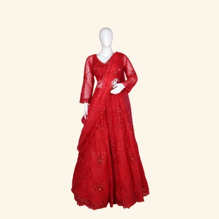 Crimson Red Sequined Geometric Designer Bridal Lehenga (1)