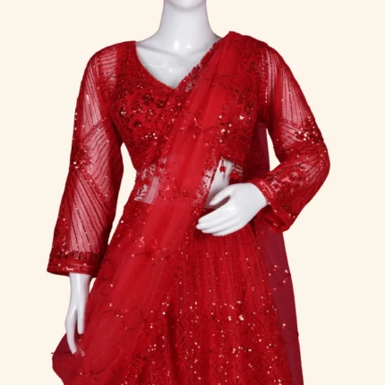 Crimson Red Sequined Geometric Designer Bridal Lehenga (2)