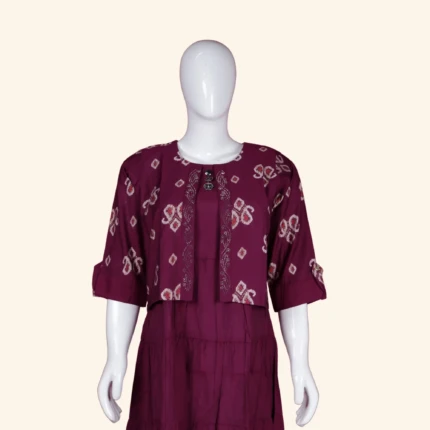 Deep Magenta Printed Layered Long Frock (2)