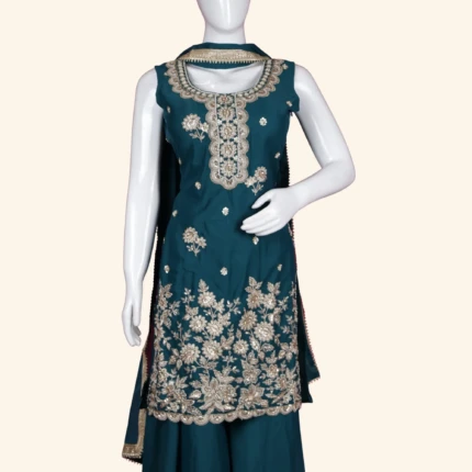 Deep Teal Blue Silk Embroidered Sharara set (2)
