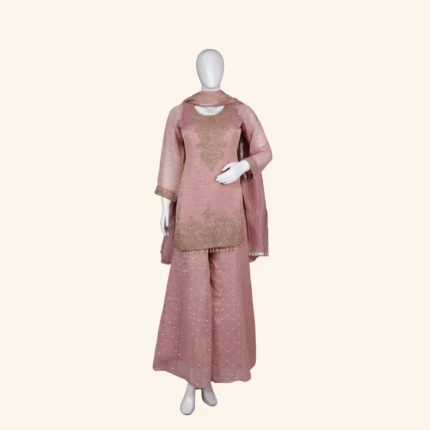 Dusty Rose Pink Chanderi Tissue Silk Embroidered Sharara (1)
