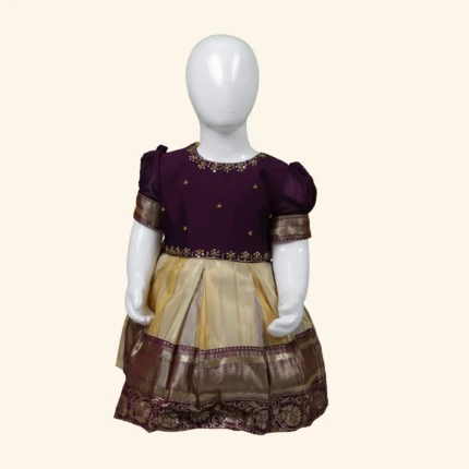 Girls Burgandy Cream Short Frock (1)