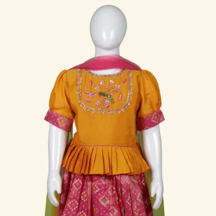 Girls Mustard Yellow Pink Crop Top (2)