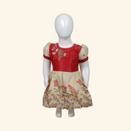 Girls Red Cream Floral Short Frock (1)