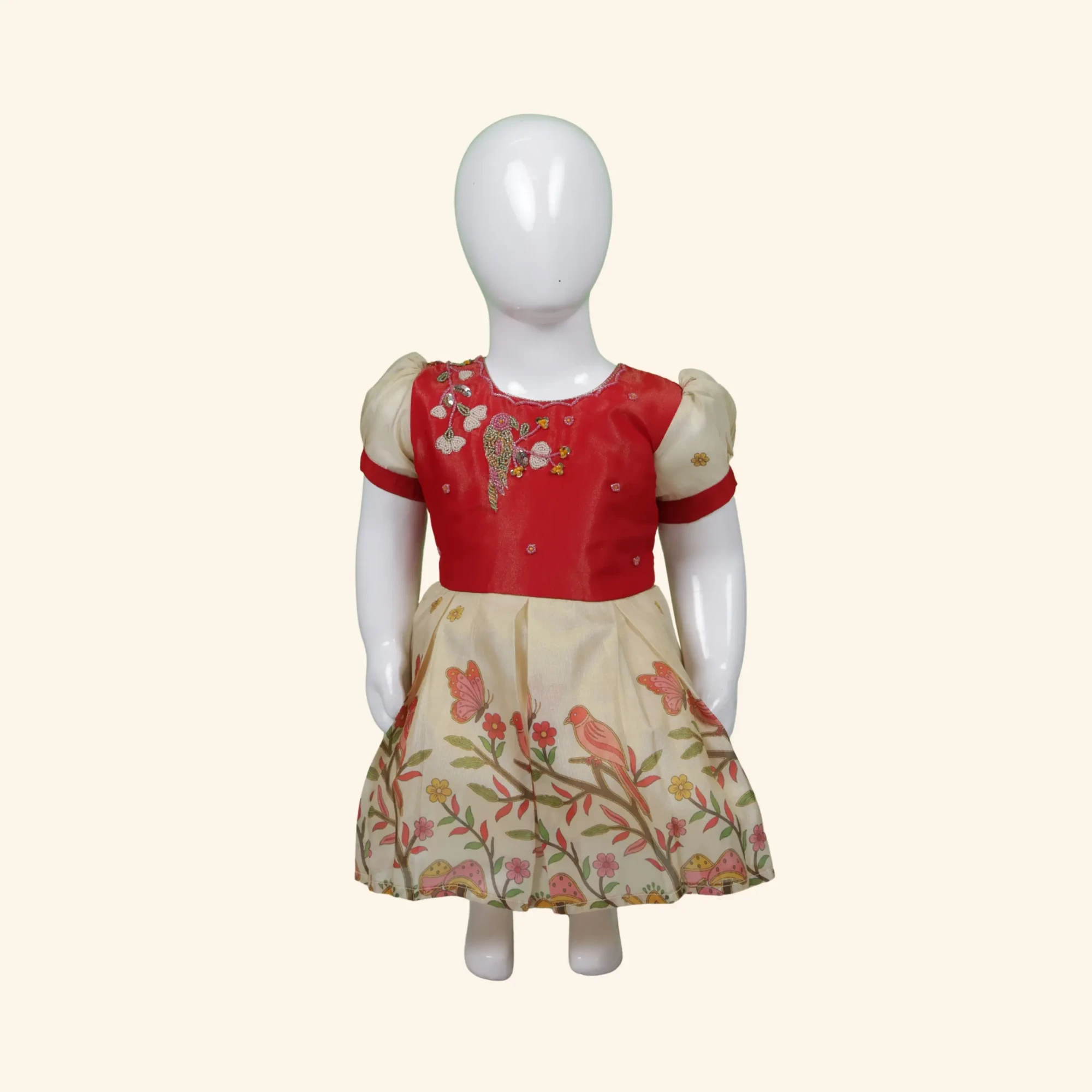 Girls Red Cream Floral Short Frock (1) Girls Red Cream Floral Short Frock (1)