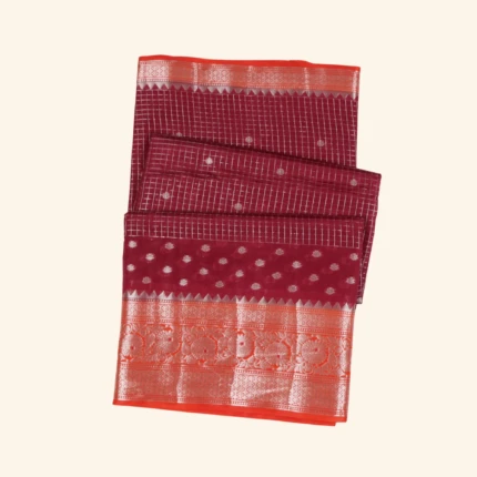 Maroon & Vermilion Red Woven Check Fancy Saree (1)