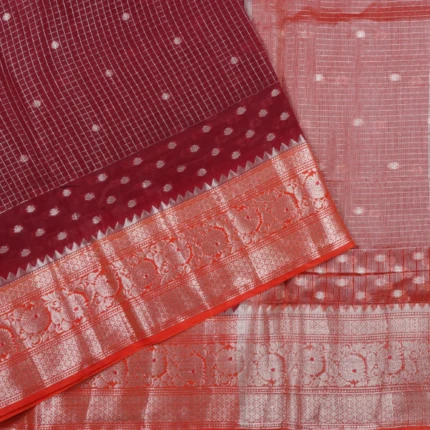 Maroon & Vermilion Red Woven Check Fancy Saree (3)