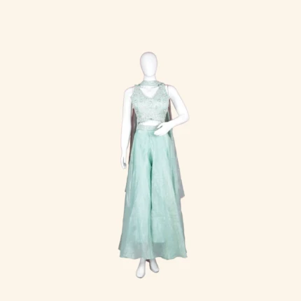 Mint Green Organza Sharara Set with Sequined Crop Top (1)