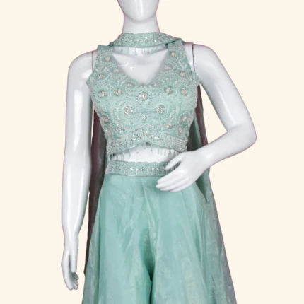 Mint Green Organza Sharara Set with Sequined Crop Top (2)