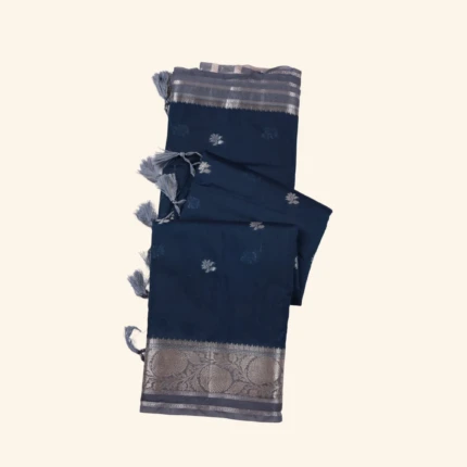 Navy Blue Saree with Silver Zari Floral Border (1)