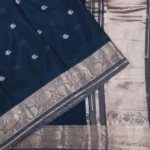 Navy Blue Saree with Silver Zari Floral Border (2)