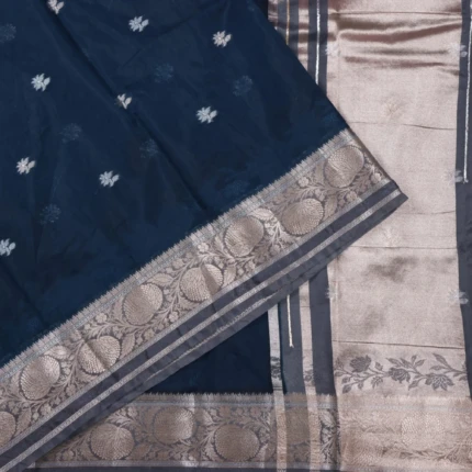 Navy Blue Saree with Silver Zari Floral Border (2)