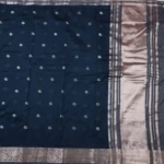 Navy Blue Saree with Silver Zari Floral Border (3)