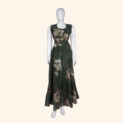 Olive Floral Long Frock (1)