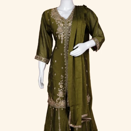 Olive Green Chanderi Silk Zardozi Embroidered Kurta with Sharara (2)