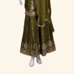 Olive Green Chanderi Silk Zardozi Embroidered Kurta with Sharara (3)