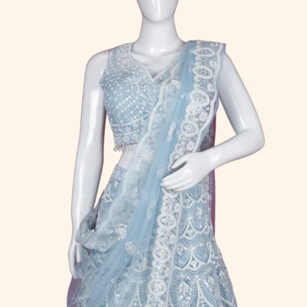 Pastel Blue & White Sequined Embroidered Designer Lehenga (2)
