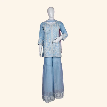Powder Blue Chikankari Embroidered Sharara Set (1)
