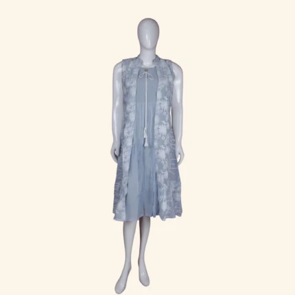 Powder Blue Embroidered Layered Long Frock (1)