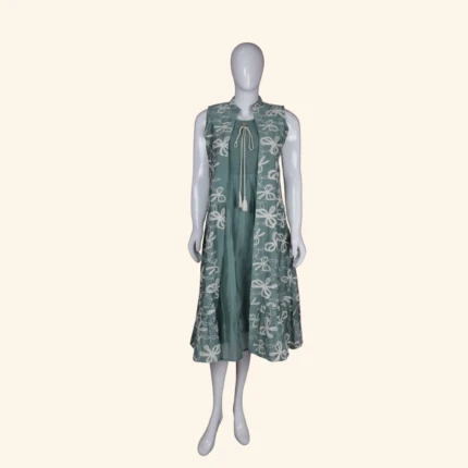 Sage Green Embroidered Layered Long Frock (1)