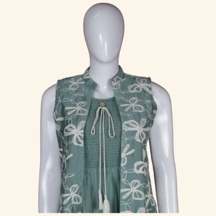 Sage Green Embroidered Layered Long Frock (2)