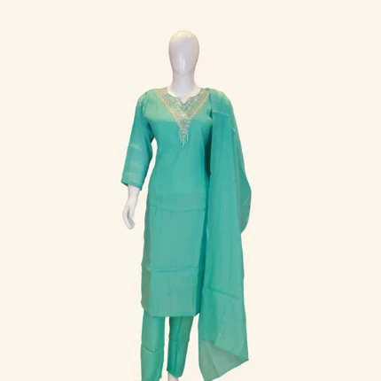 Sea Blue Roman Silk Kurti Set (1)