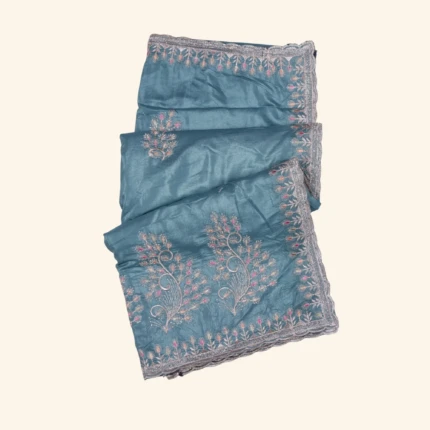 Slate Blue Embroidered Tissue Saree (1)