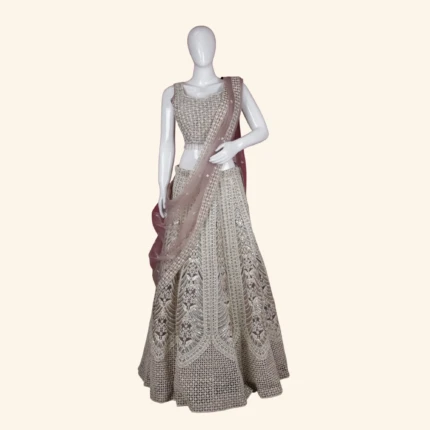 Taupe Mauve & Silver Sequined Lattice Designer Lehenga (1)