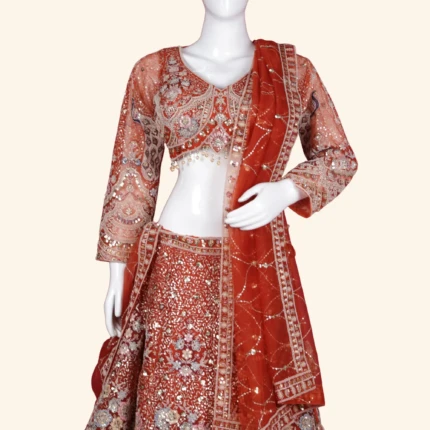 Vibrant Orange & Silver Sequined Bridal Lehenga (2)