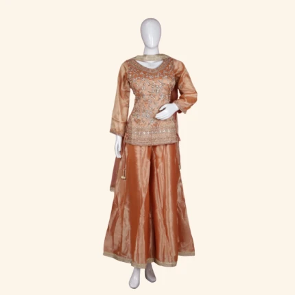 Warm Copper Peach Tissue Silk Sharara Set (1)