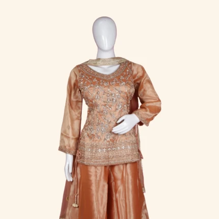 Warm Copper Peach Tissue Silk Sharara Set (2)